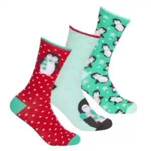 Image of Womens/Ladies Cotton Rich Festive Socks (3 Pairs) (UK 4-8) (Red/Green)