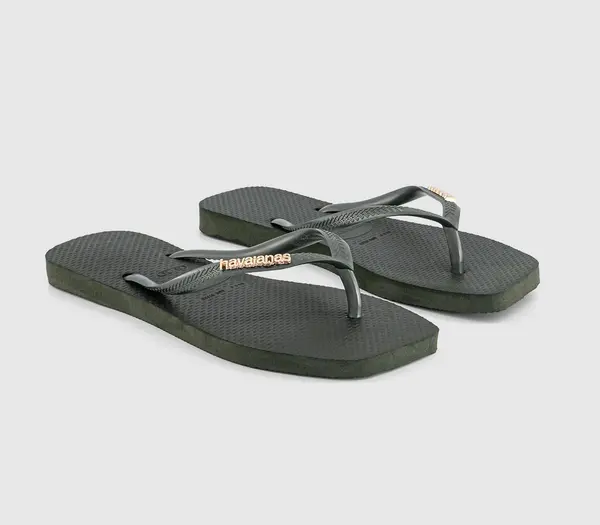 Image of Havaianas Womens Square Logo Metallic Flip Flops Olive Green, 6/7