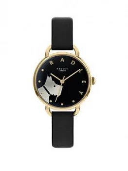 Image of Radley Black And Gold Detail Dial Black Leather Strap Ladies Watch
