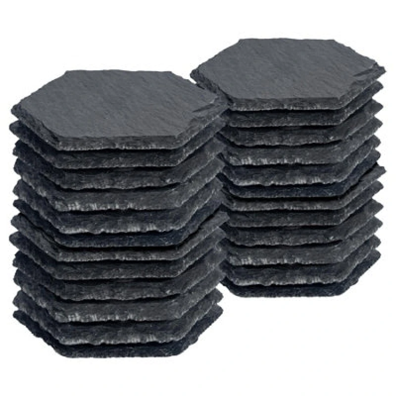 Image of Argon Tableware 24X Hexagonal Slate Coasters - Drink Coasters Black Stone Natural Slate Rough Edge Drink Mat Cup Mats