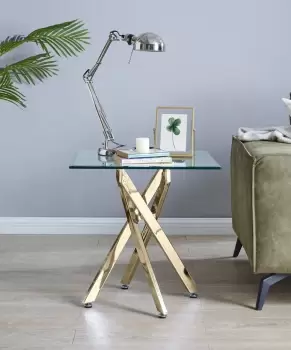 Image of Leonardo Square Glass Side End Bedside Table with Metal Angled Starburst Legs for Modern Living Rooms
