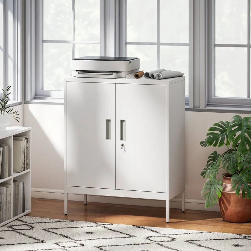 Image of HOMCOM Metal Storage Cabinet with Lock for Home Office, Garage, Study in White White Unisex