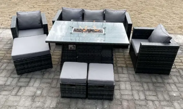 Image of Fimous 5 Seater Outdoor Dark Grey Rattan Lounge Complete Sofa Set with Gas Fire Pit, 2 Stools and Big Footstool