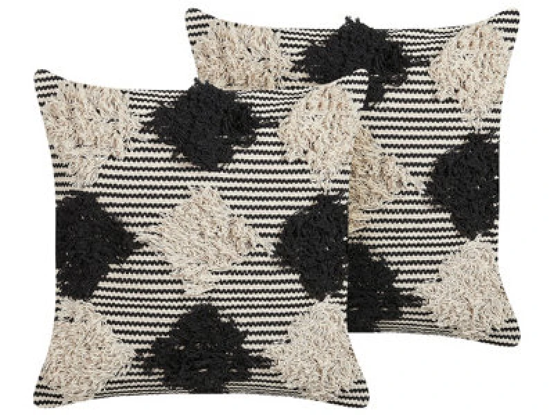 Image of Beliani Set Of 2 Decorative Cushions Bhusawal Cotton 50 X 50 Cm Black Geometric Pattern