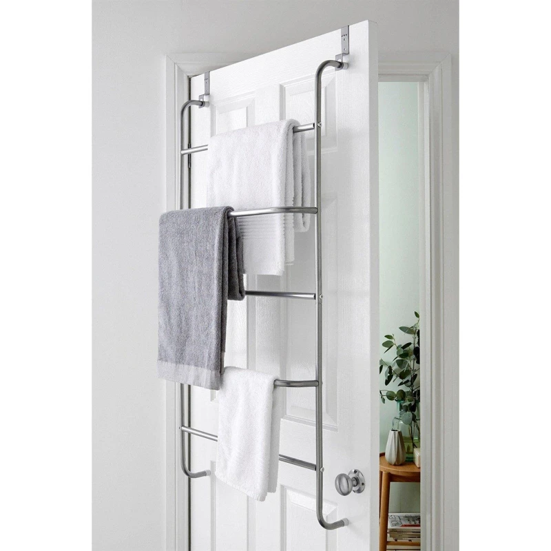 Image of House of Home Towel Rail Over Door 5 Tier Clothes Airer Rack Hanger Holder Bathroom Storage Silver