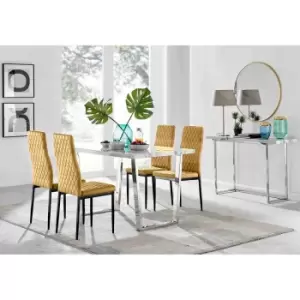 Image of Furniture Box Kylo White Marble Effect Dining Table and 4 Mustard Velvet Milan Black Leg Chairs