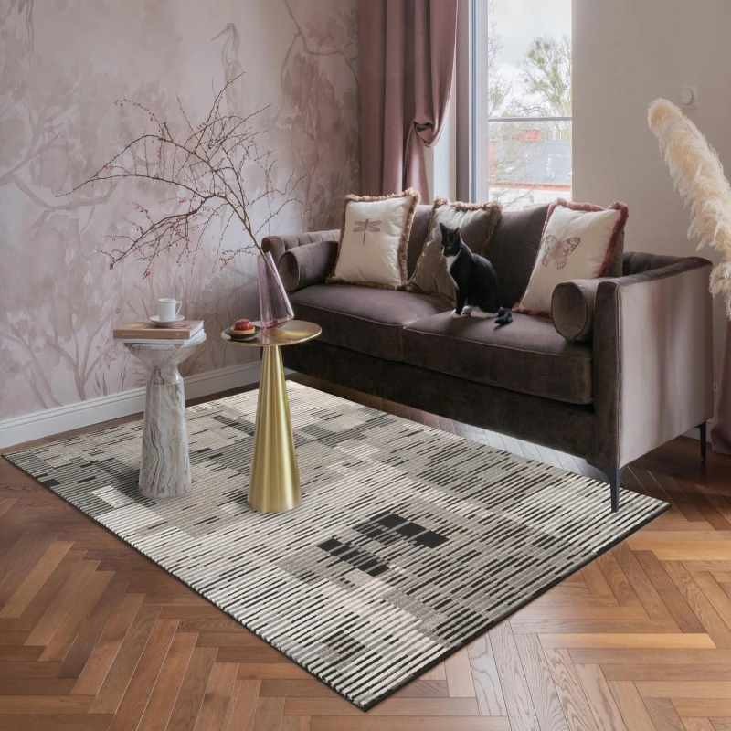 Image of Mayfair Living Room Area Rug Metallic Sheen Contemporary Modern Matrix Design - Dark Grey 120Cm X 170Cm