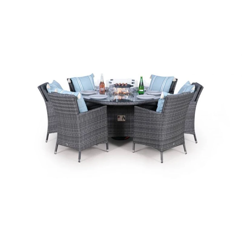 Image of Thats Furniture Savannah Fire Pit 6 Seater Round Rattan Dining Set in Grey Grey Unisex