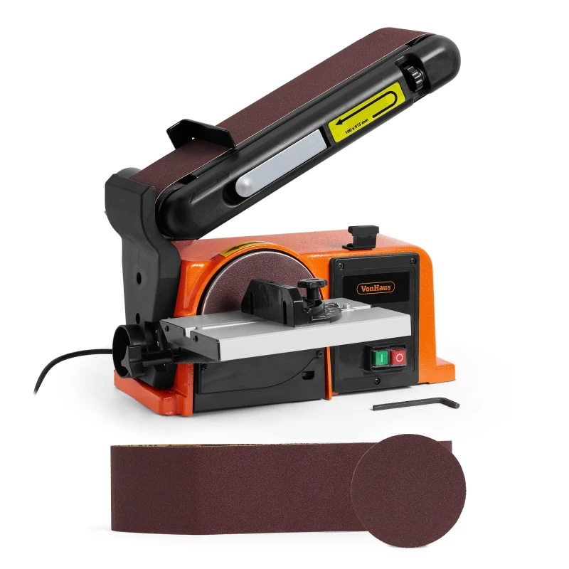 Image of Vonhaus Benchtop Belt & Disc Sander, 100mm X 915mm, Cast Iron Base, Integrated Dust Port, Removable Table, Sanding Belt & Disc