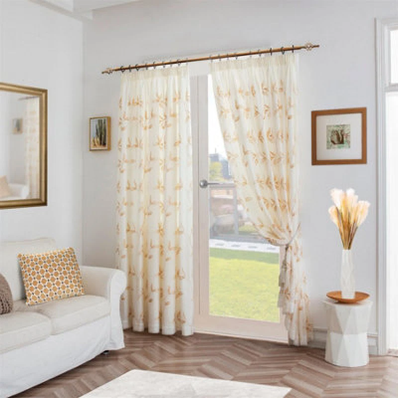 Image of Luxury Living Leaf Embroidered Tulle Voile Curtains Pencil Pleat Gold
