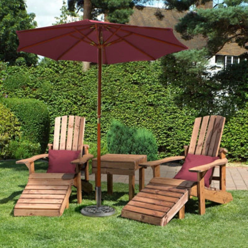 Image of Charles Taylor Trading Charles Taylor Wooden Adirondack 2 X Chair Seat Table & Red Parasol & Cushions
