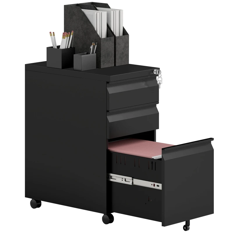 Image of Vinsetto Steel File Cabinet with Lock and Wheels for Home Office, Black 924-101V00BK
