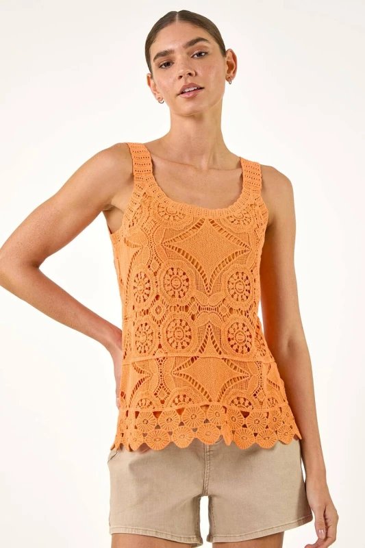 Image of Roman Womens Cotton Crochet Knit Vest Top in Orange Size: 20 Orange Female 20