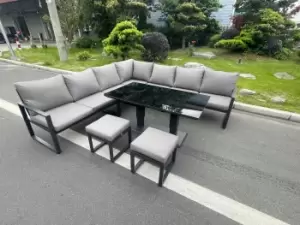 Image of Fimous 7 Seater Outdoor Dark Grey Aluminum Lounge Complete Sofa Set with Adjustable Dining Table and 2 Stools