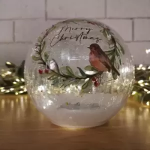 Image of 15cm Battery Operated Warm White LED Crackle Effect Ball Christmas Decoration with Merry Christmas and Robin