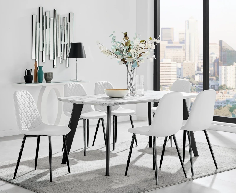 Image of FurnitureboxUK FurnitureboxUK Andria White Marble Effect & Black Leg 6 Seater Dining Table and 6 Corona Faux Leather Chairs White One Size Unisex 5056