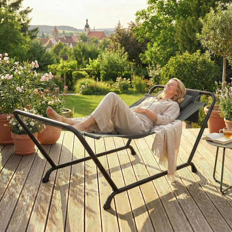 Image of OUTSUNNY Outdoor Hammock with Stand with Side Pocket, Headrest, Dark Grey Dark Grey Unisex