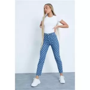 Image of I Saw It First Mid Wash Motorcross Checkerboard Jeans - Blue