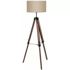 Image of Loops - Tripod Floor Lamp Light Wood Leg & Taupe Fabric Shade 1 x 60W E27 Bulb