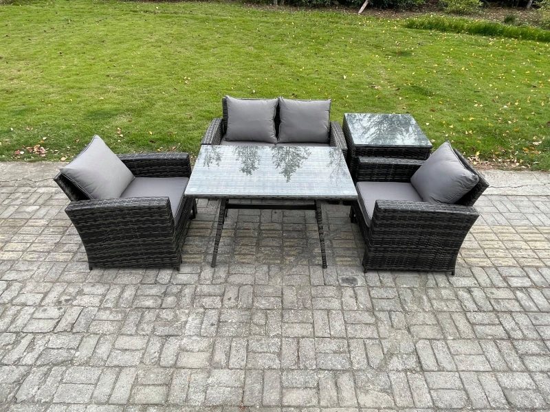 Image of Fimous Outdoor Garden Furniture High Back Rattan Sofa Dining Table Set with Side Table Dark Grey Mixed Dark Grey Unisex
