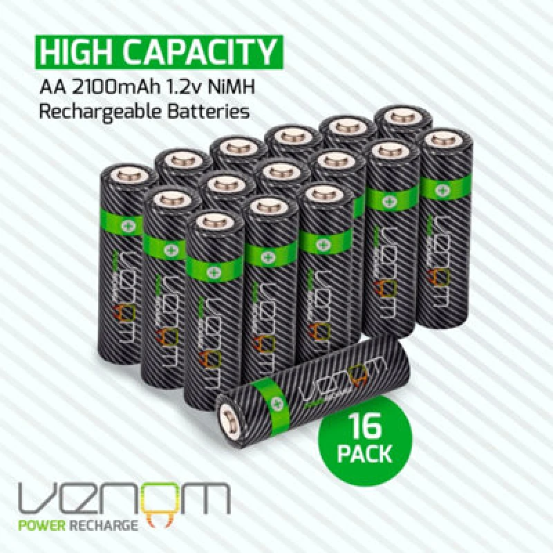 Image of Venom Rechargeable AA Batteries - High Capacity 2100mAh (16-Pack) Black unisex
