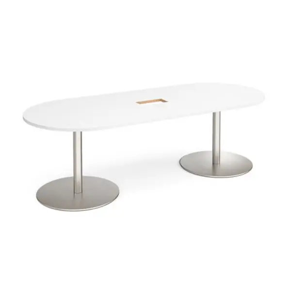 Image of Eternal Eternal radial end boardroom table 2400mm x 1000mm with central cutout 272mm x 132mm - brushed steel base, white top White ETN24-CO-BS-WH