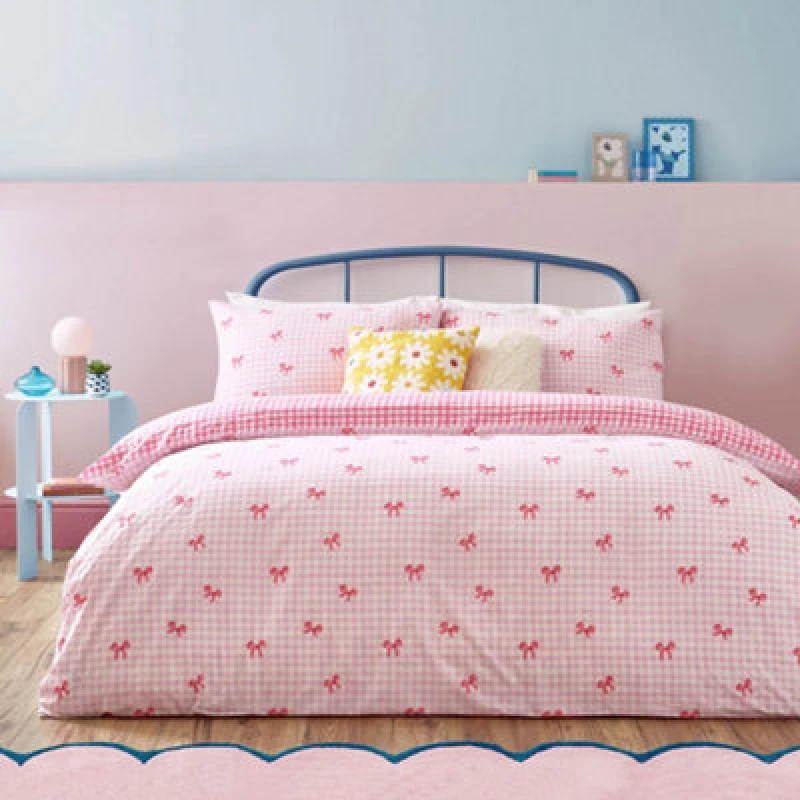 Image of Heya Home Gingham Bows Duvet Cover Set In Pink Pink WIZIH Unisex Double,King,Super King