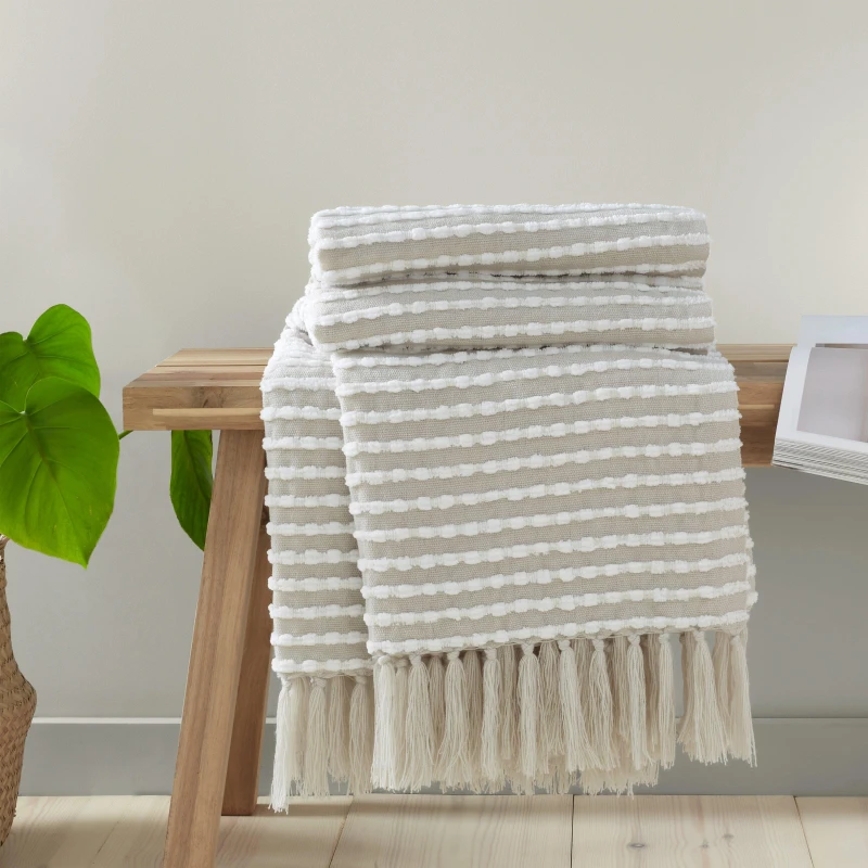 Image of Catherine Lansfield Catherine Lansfield 'Stab Stitch' Blanket Throw in Natural Size: 125cm x 150cm Natural 125cm x 150cm Unisex 5057681107837