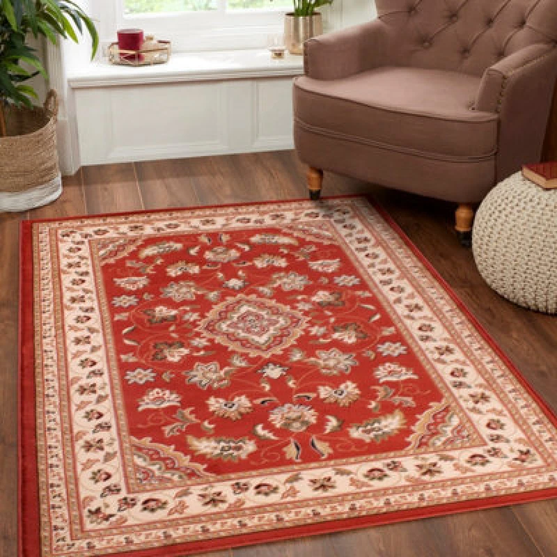 Image of Terracotta Traditional Bordered Floral Easy To Clean Rug For Dining Room Bed Room And Living Room-66 X 230Cm (Runner)