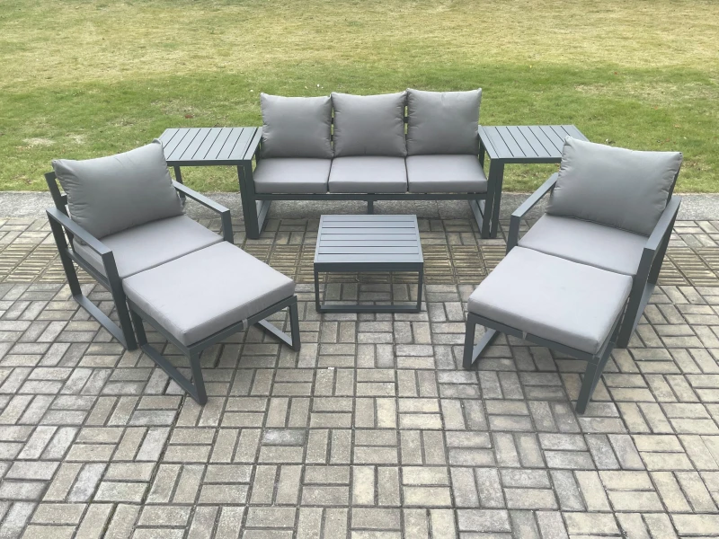 Image of Fimous Aluminium Outdoor Lounge Sofa Set Garden Furniture Sets with Square Coffee Table 2 Chairs 2 Big Footstools 2 Side Tables Dark Grey 7 Seater Dar