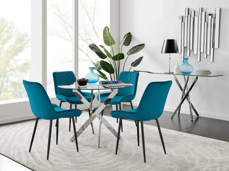 Image of FurnitureboxUK FurnitureboxUK Novara 100cm Round Dining Table and 4 Pesaro Black Leg Chairs in Blue Blue One Size Unisex 5056542647550