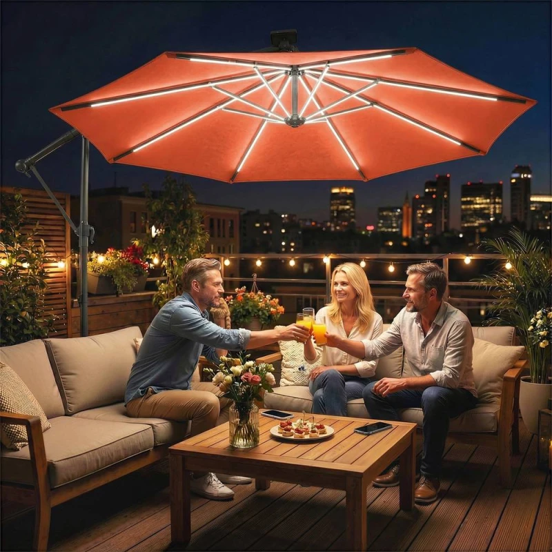 Image of OUTSUNNY 3m Garden Cantilever Parasol with Solar Light, Rotation in Orange Size: 3m x 3m Orange Unisex 3m x 3m