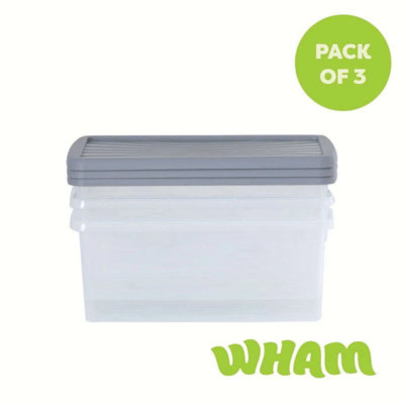 Image of 3 X Wham Box 9L Stackable Plastic Storage Box & Lid Clear/steel