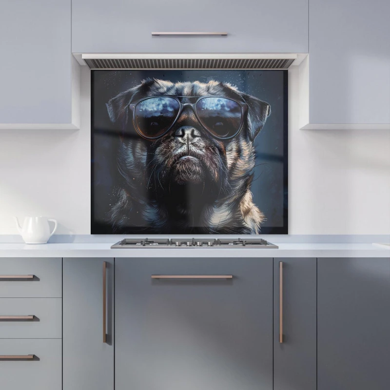 Image of Warren Reed - Designer Cool Pug with Midnight Shades Kitchen Splashback Size: 900mm x 750mm Multicolor Unisex 900mm x 750mm