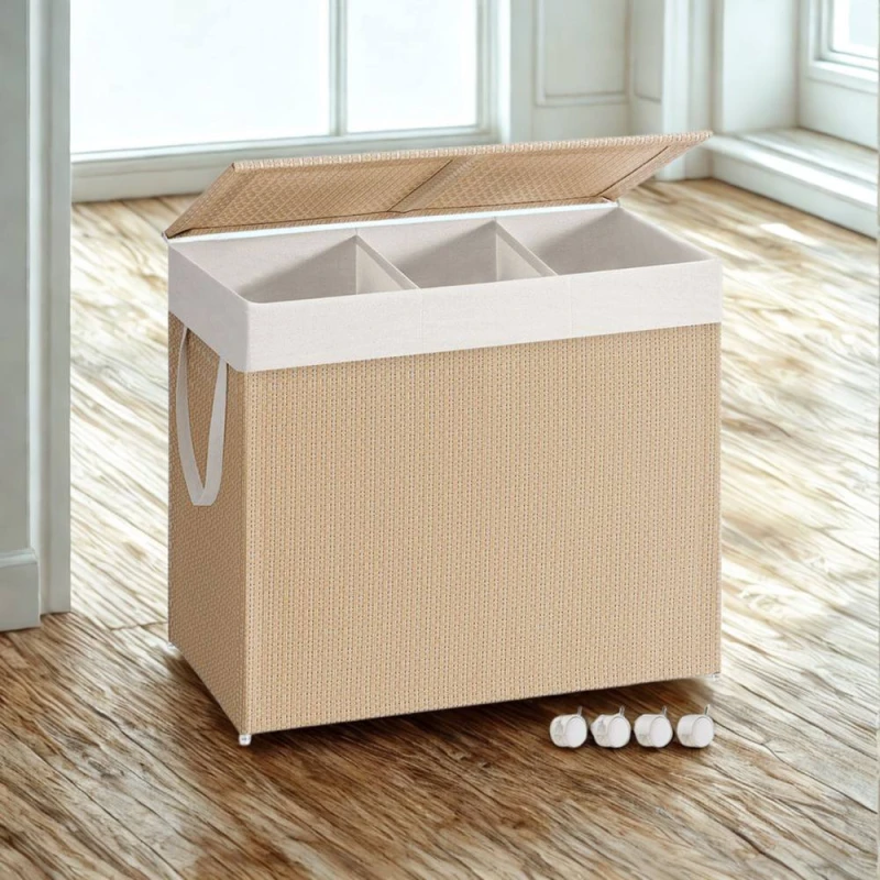 Image of Pirlo Plush 140L Triple Laundry Basket With Lid & Removable Lining in Beige Beige Unisex