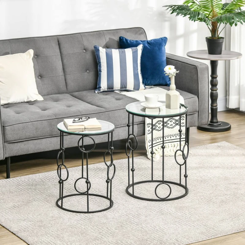 Image of HOMCOM Set of 2 Nesting Coffee Table, Side Tables with Glass Top, Black Unisex