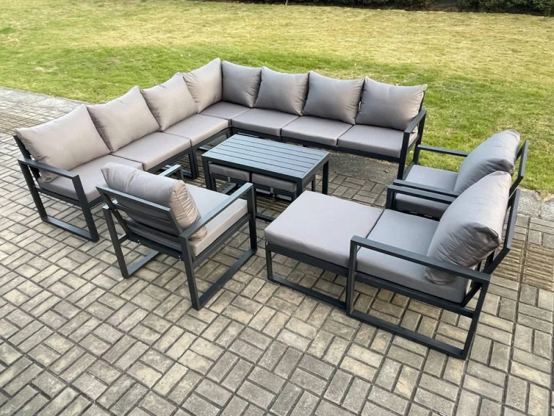 Image of Fimous Aluminium 13 Seater Outdoor Garden Furniture Set Lounge Corner Sofa Oblong Coffee Table 3 Pcs Chair Sets with 3 Footstools Dark Grey Dark Grey