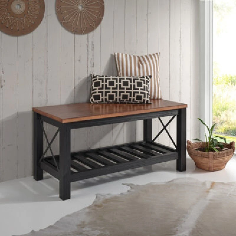 Image of Mercers Furniture Cottage Black Painted Pine Bench Wooden With Slatted Storage Shelf 59H X 107W X 42D Cm