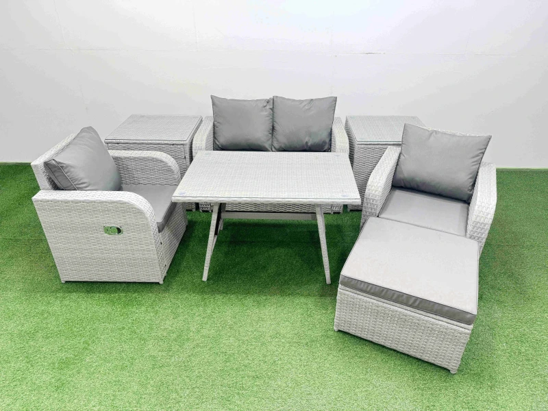 Image of Fimous Light Grey PE Rattan Garden Furniture Set Reclining Chair Love Sofa Light Grey Unisex