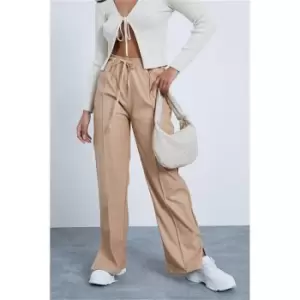 Image of I Saw It First Stone Faux Leather Pin Tuck Wide Leg Trousers - Brown