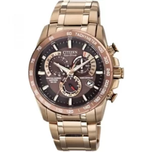 Image of Mens Citizen Eco-drive Chrono Perpetual A-T Radio Controlled Alarm Chronograph PVD rose plating Watch