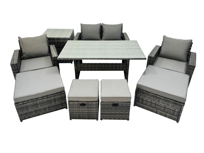 Image of Fimous 8 Seater Outdoor Dining Table Double Seat Sofa Side Table 4 Stools Set in Dark Grey Dark Grey Unisex