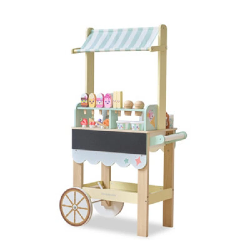 Image of Teamson Kids Wooden Ice Cream Cart With 32 Accessories, Chalkboard Menu, Storage Shelves & Rolling Wheels