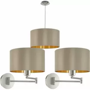 Image of Ceiling Pendant & 2x Matching Wall Lights Taupe & Gold Fabric Feature Shade