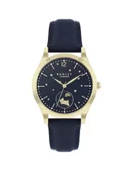Image of Radley Ladies Navy Moon Phase Pale Gold Plated Strap Watch