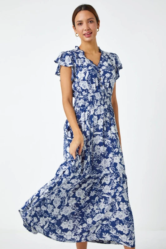 Image of Roman Floral Print Frill Detail Midi Dress Navy female