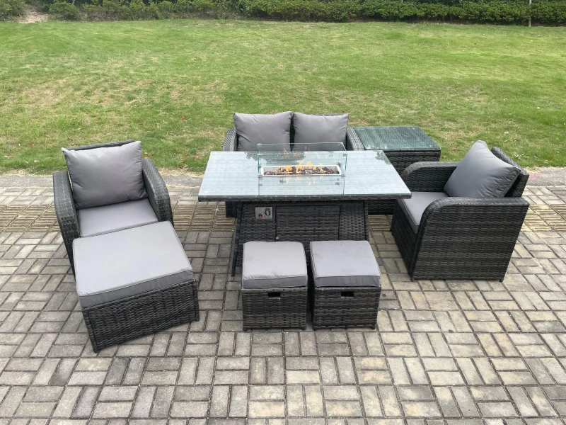 Image of Fimous Rattan Garden Furniture Set Outdoor Patio Gas Fire Pit Dining Table and Chairs with 3 Footstools Dark Grey