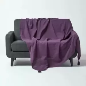Image of Cotton Rajput Ribbed Purple Throw, 225 x 255cm - Purple - Homescapes