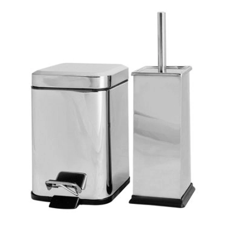 Image of Harbour Housewares Bathroom Bin & Toilet Brush Set - 3L - Chrome - Square Stainless Steel Slim Trashcan Rubbish Bin & Brush