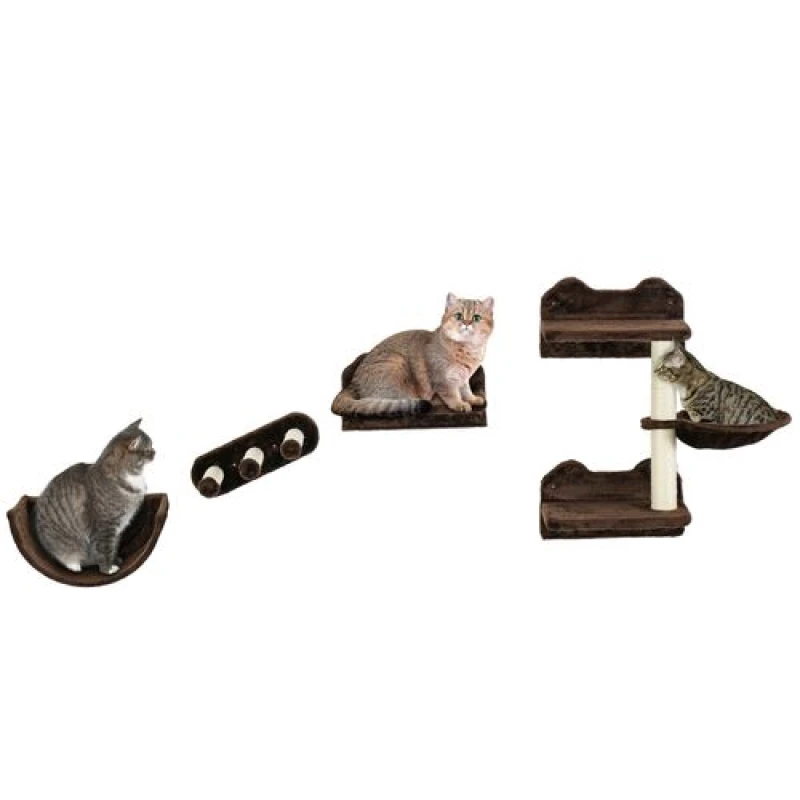 Image of PawHut 4PCs Wall Mounted Cat Tree Cat Wall Shelves W/ Scratching Post Dark Grey - Brown TJ Hughes 5056725560089